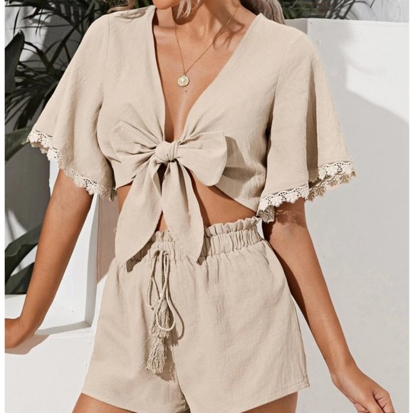 SHEIN Pants - Tie Front Guipure Lace Trim Top & Shorts Set